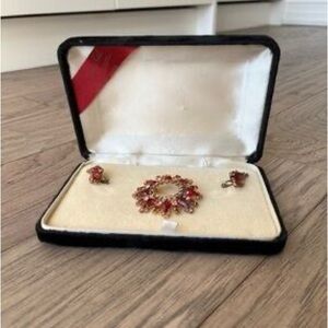 Gold-Tone Pink Floral Brooch and Earring Set
